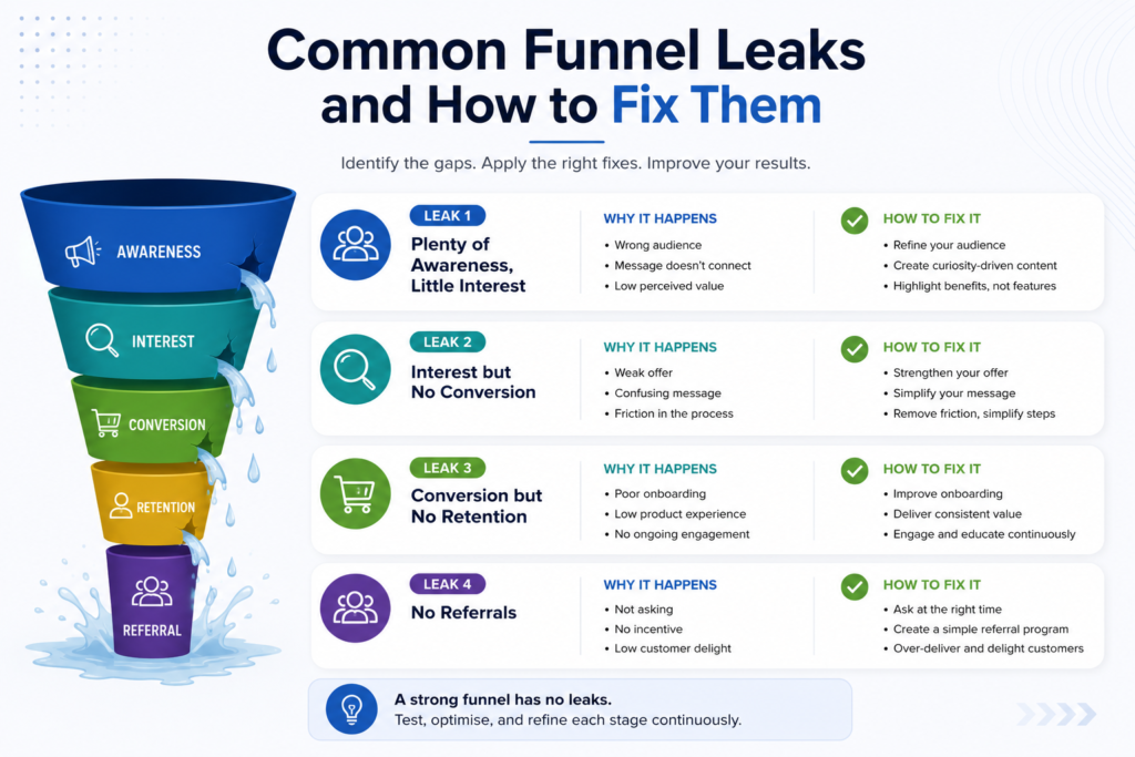 customer acquisition funnel explained with common funnel leaks and fixes
