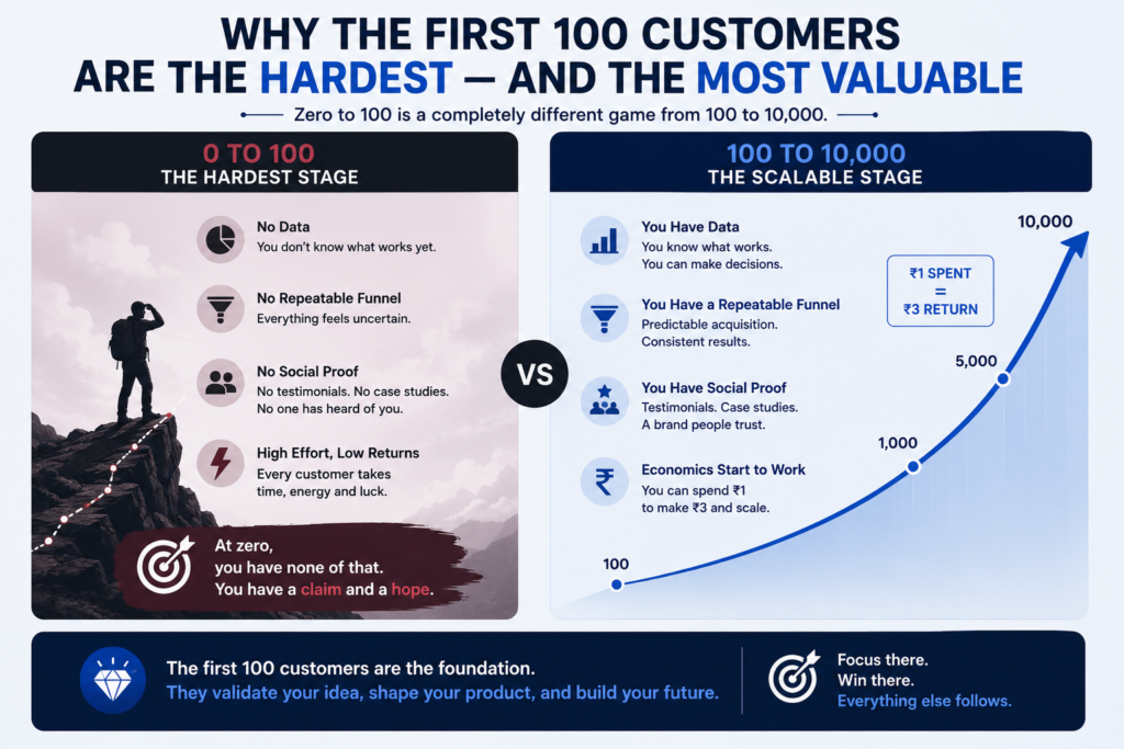 how to get your first 100 customers is what is the most difficult and the impossible task, but once you cross that its a cakewalk