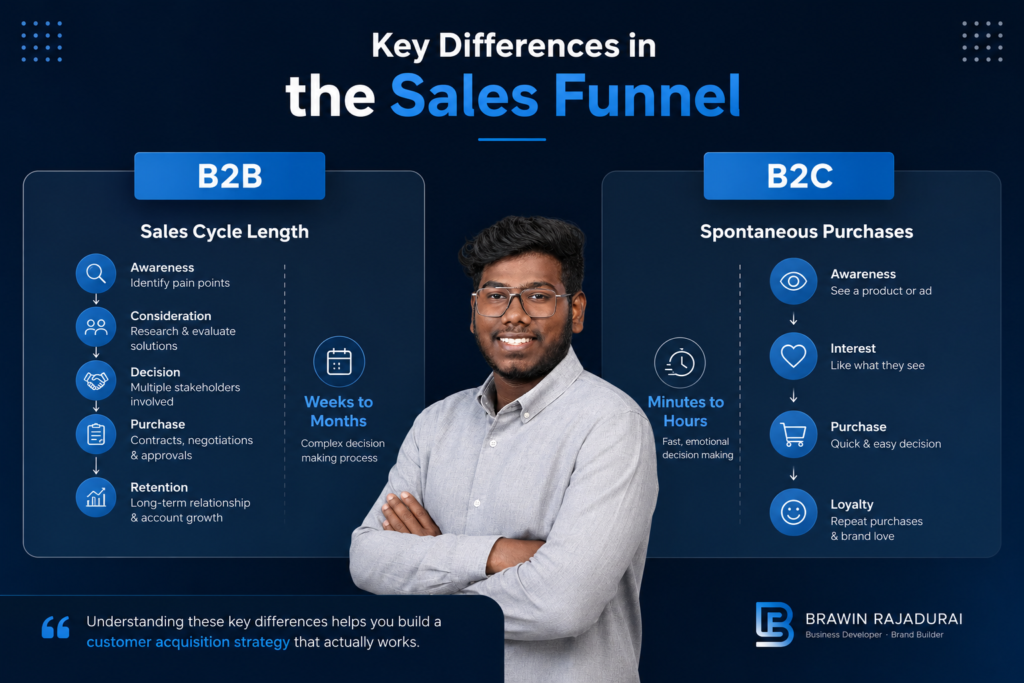 customer acquisition strategy for B2B vs B2C, sales funnel by brawin rajadurai
